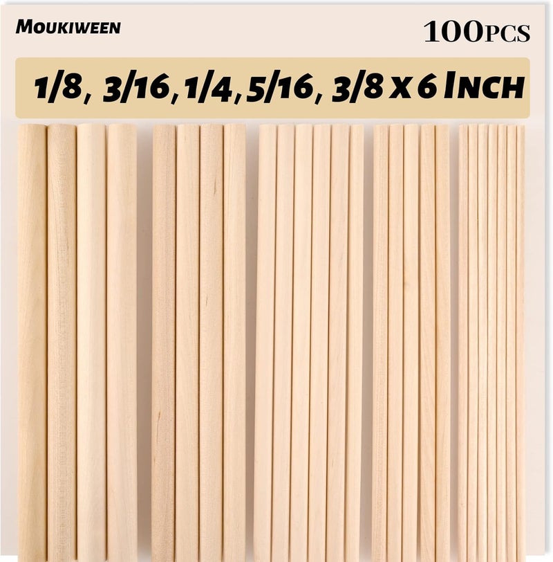 Moukiween Wooden Dowel Rods, 100PCS 1/8, 3/16, 1/4, 5/16, 3/8 x 6 Inch Assorted Sizes Round Wooden Sticks for Arts Crafts, Home Decor, Cake Support, Unfinished Natural Hardwood Sticks - Image 1